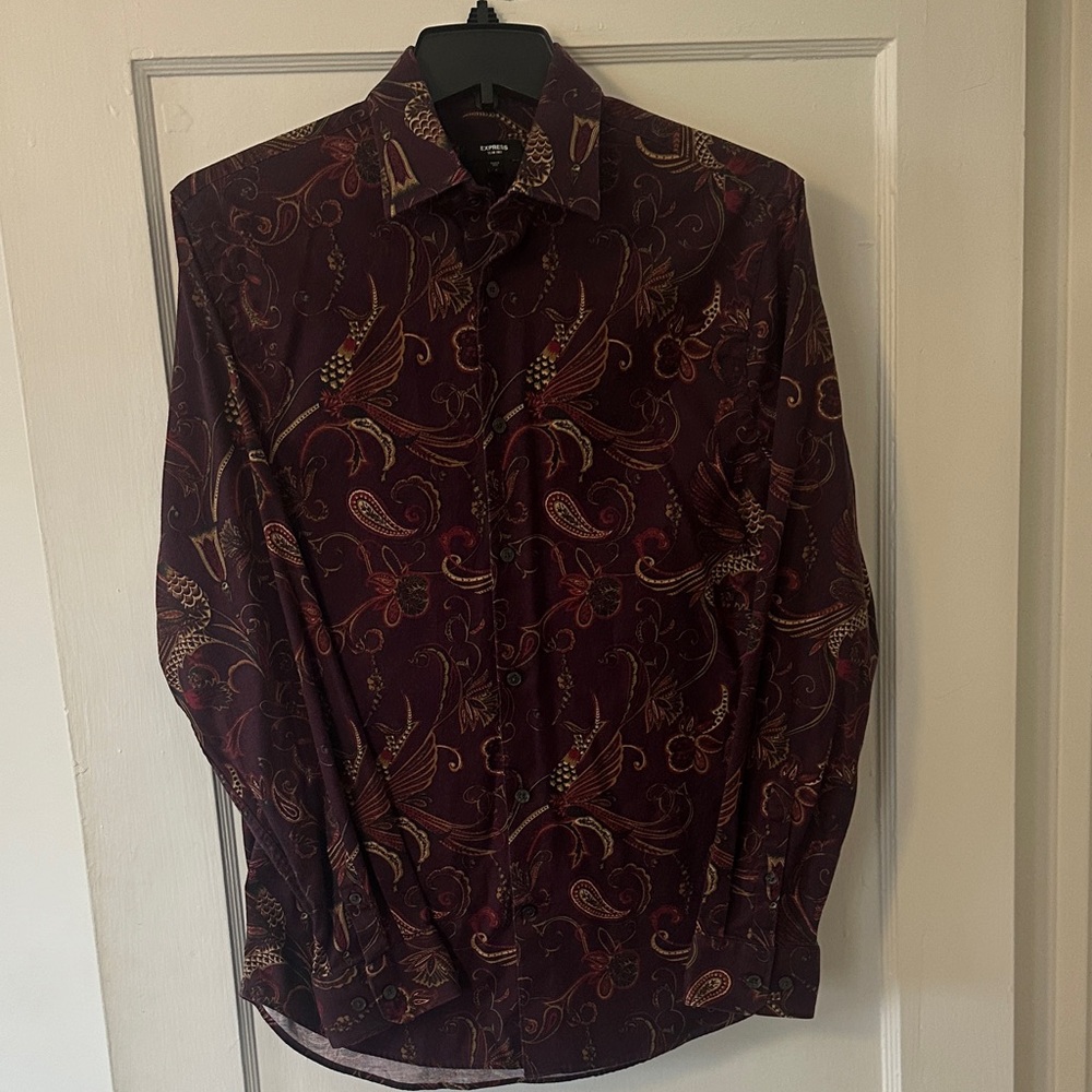 Express Men's Maroon Paisley Button-Down Shirt